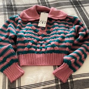NWT ZARA CABLE-KNIT SWEATER WITH STRIPES SMALL